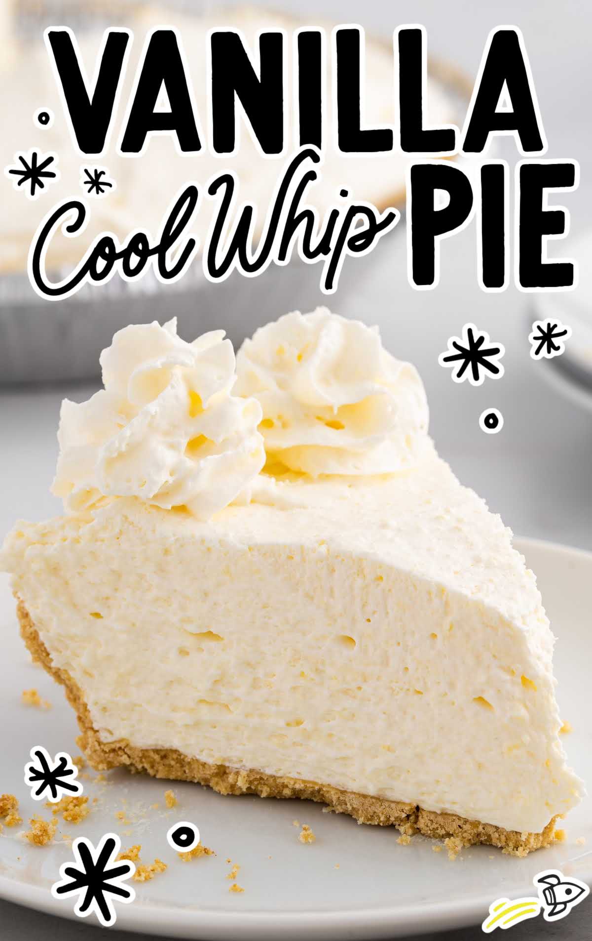close up shot of a slice of vanilla cool whip pie on a plate