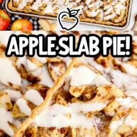overhead shot of a Apple Slab Pie drizzled with glaze in a baking dish