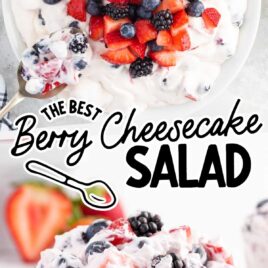 overhead and close up shot of a bowl of Berry Cheesecake Salad