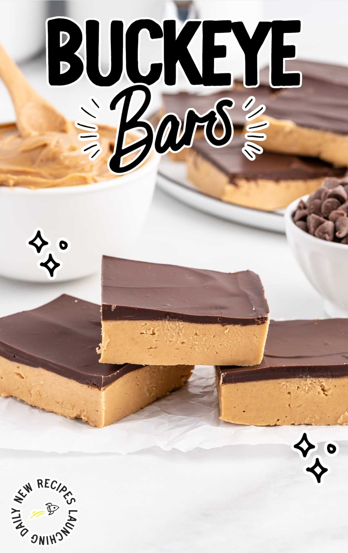close up shot of a bunch of peanut butter bars topped with a chocolate ganache