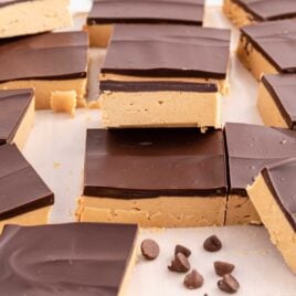 close up shot of a bunch of peanut butter bars topped with a chocolate ganache