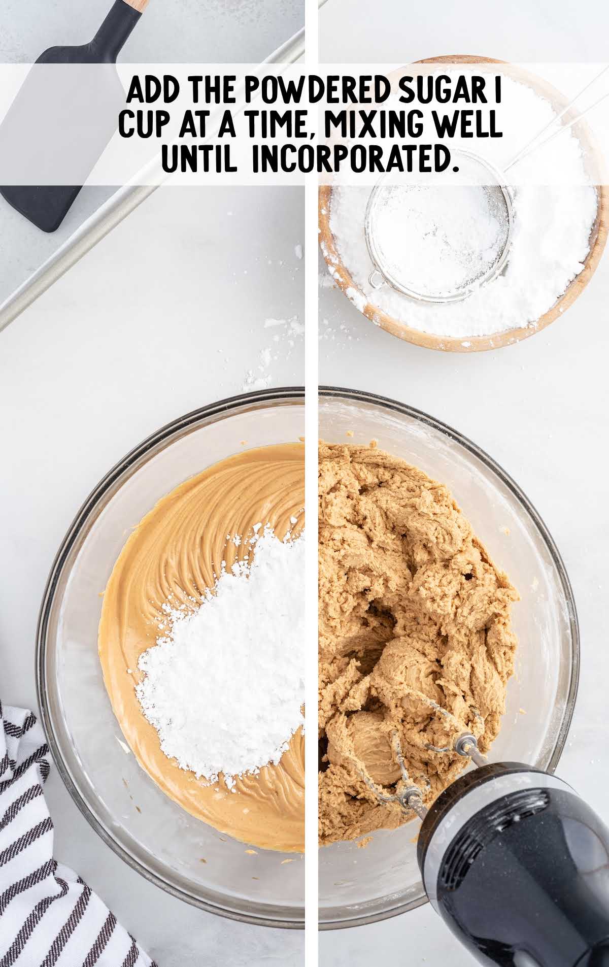 powdered sugar blended into the peanut butter mixture in a bowl