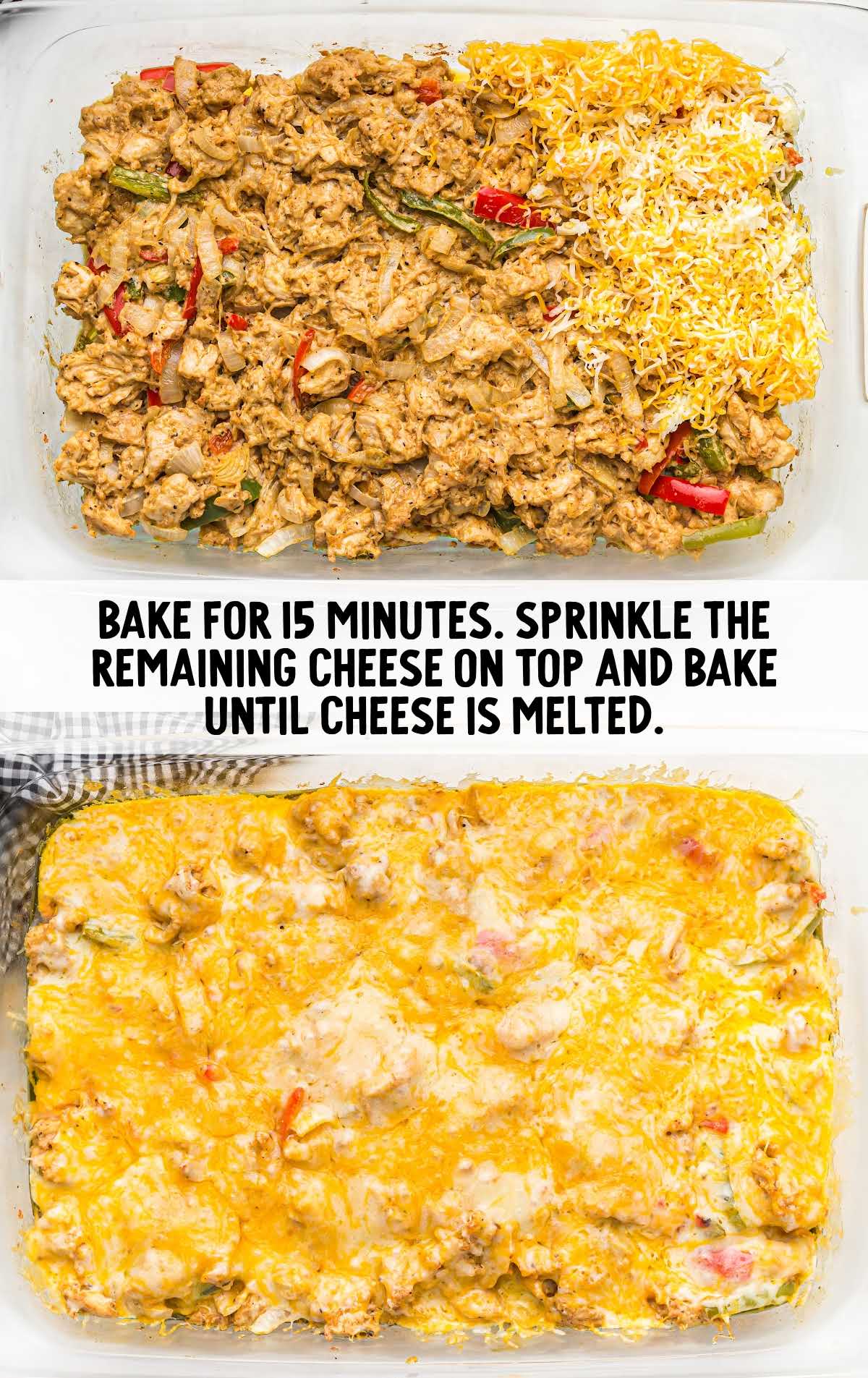 chicken mixture added to the casserole dish then topped with shredded cheese