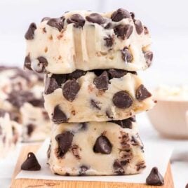 close up shot of bars of cookie dough stacked on top of each other