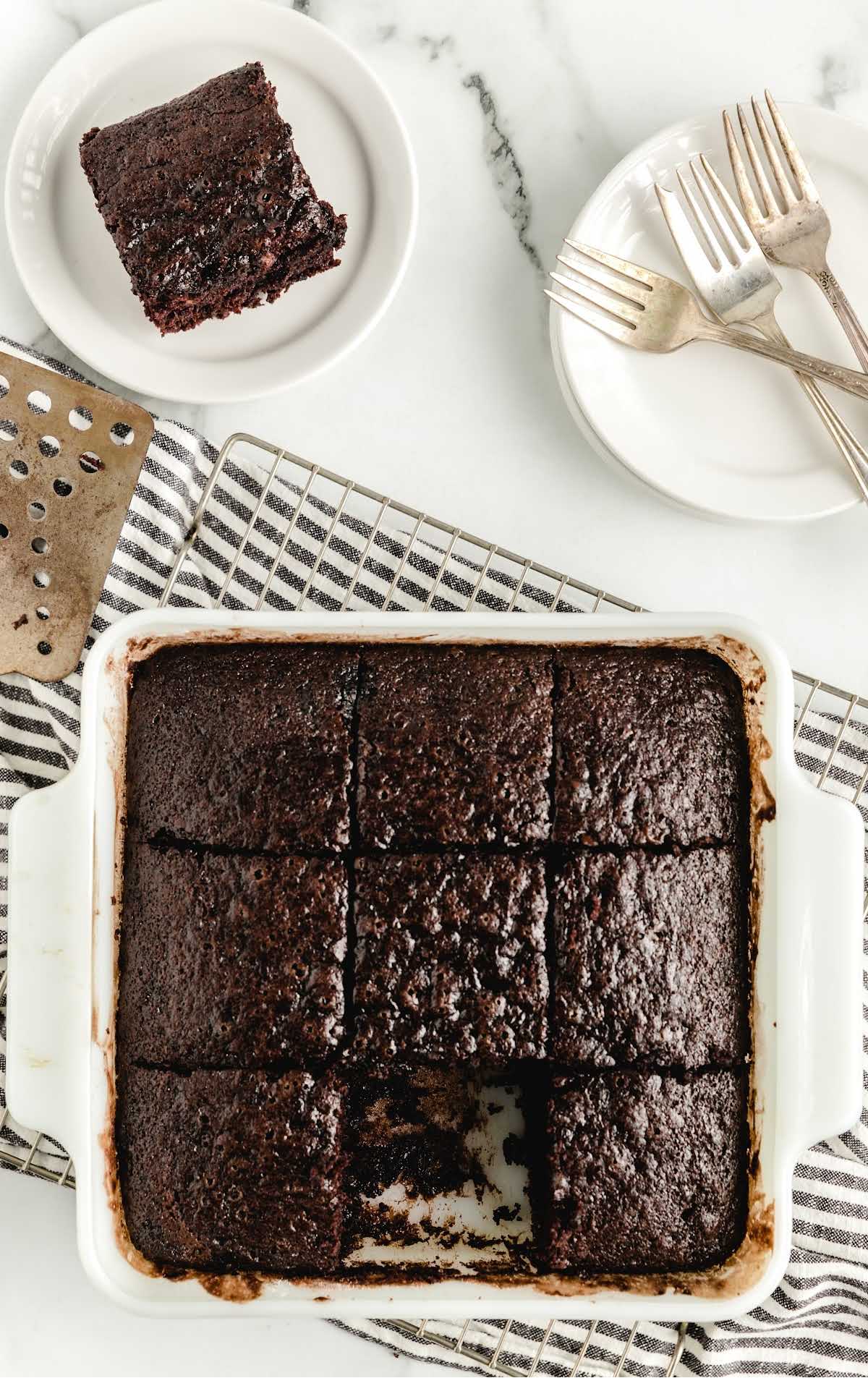 overhead shot of slices of chocolate cake cut in a cake pan