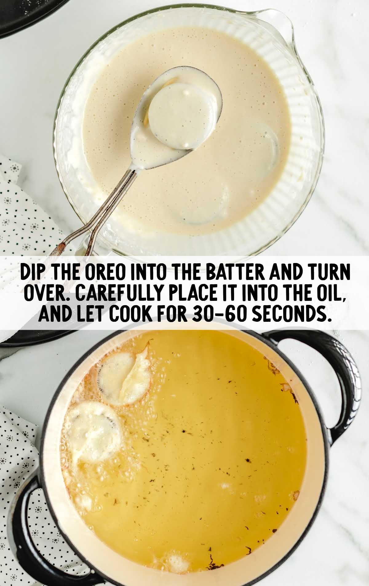 oreos dipped into a bowl of batter then dropped into a pot of hot oil