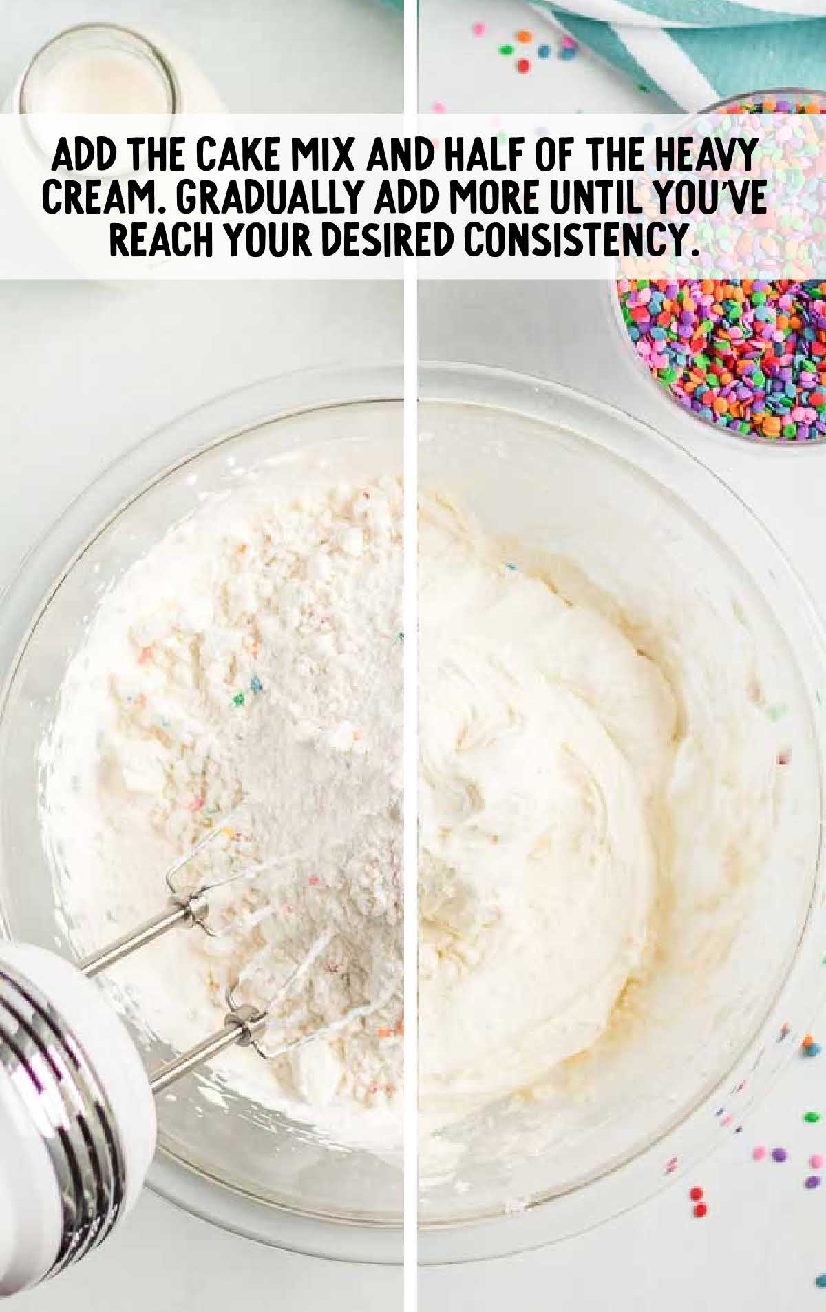 cake mix and heavy cream blended into to the cream cheese mixture in a bowl