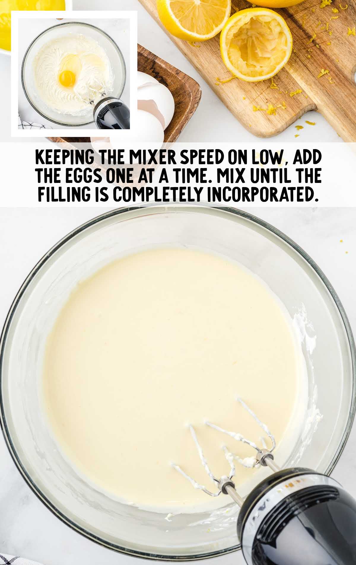eggs whisked into the cream cheese mixture