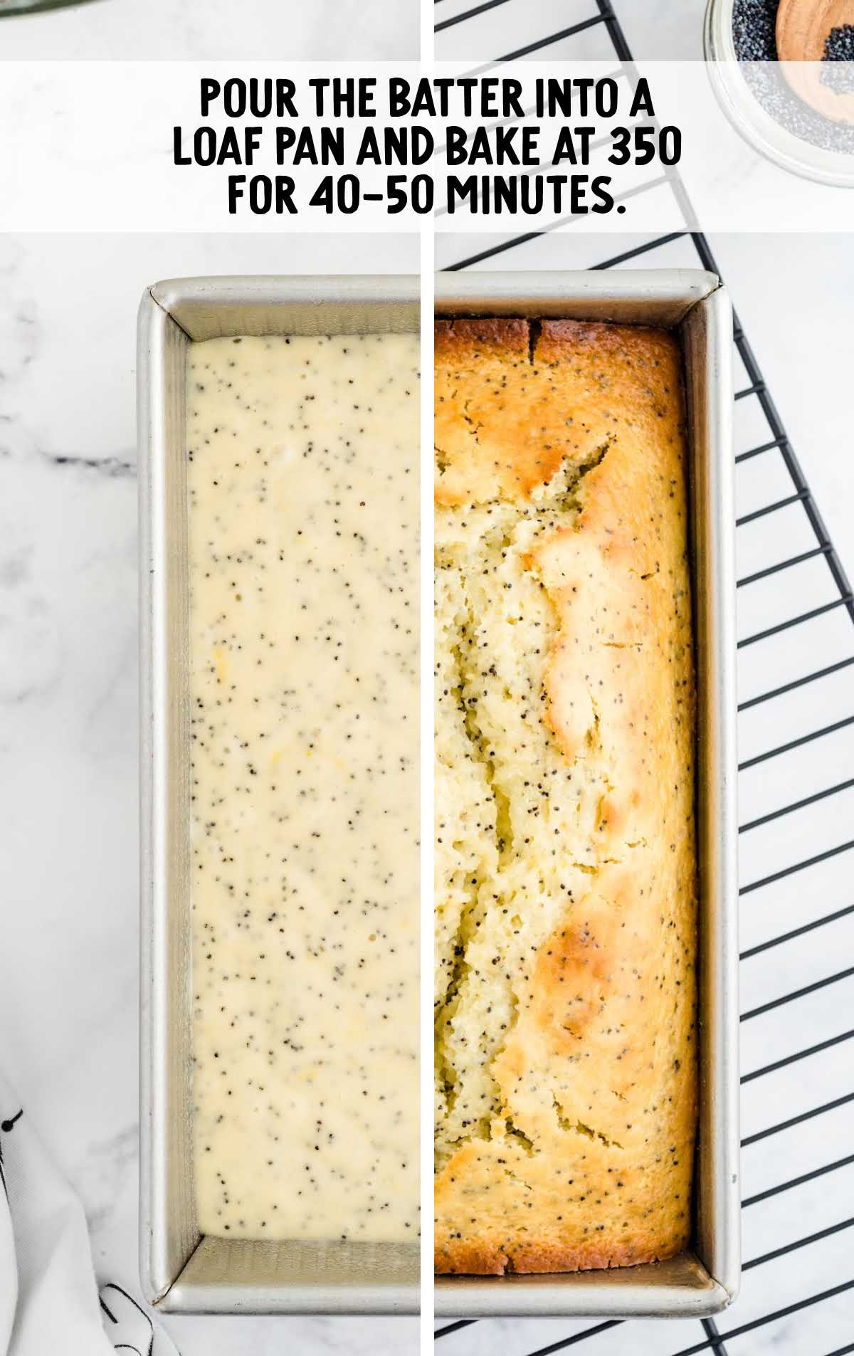 bread batter placed into a loaf pan then baked
