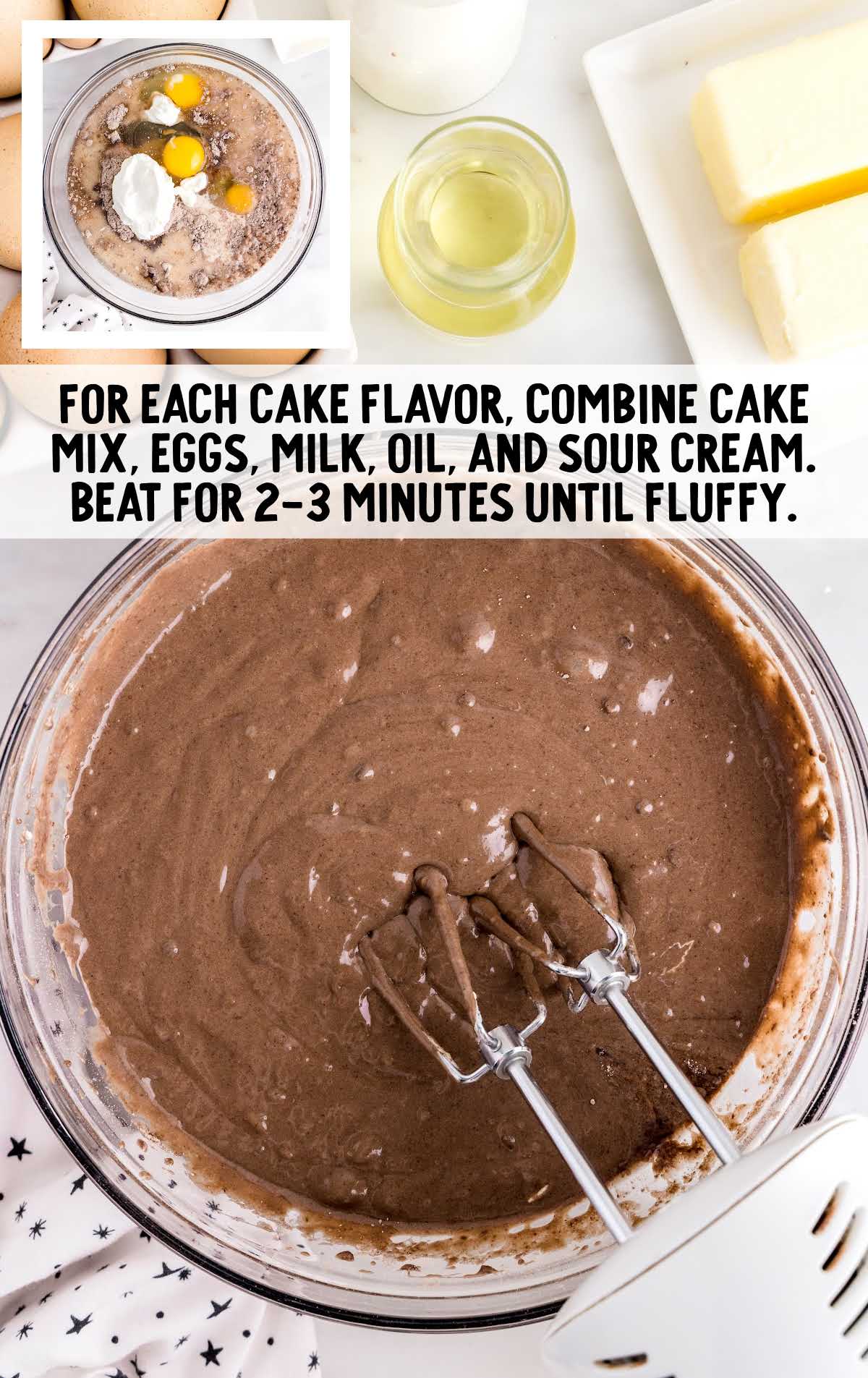 cake mix and ingredients blended together in a bowl