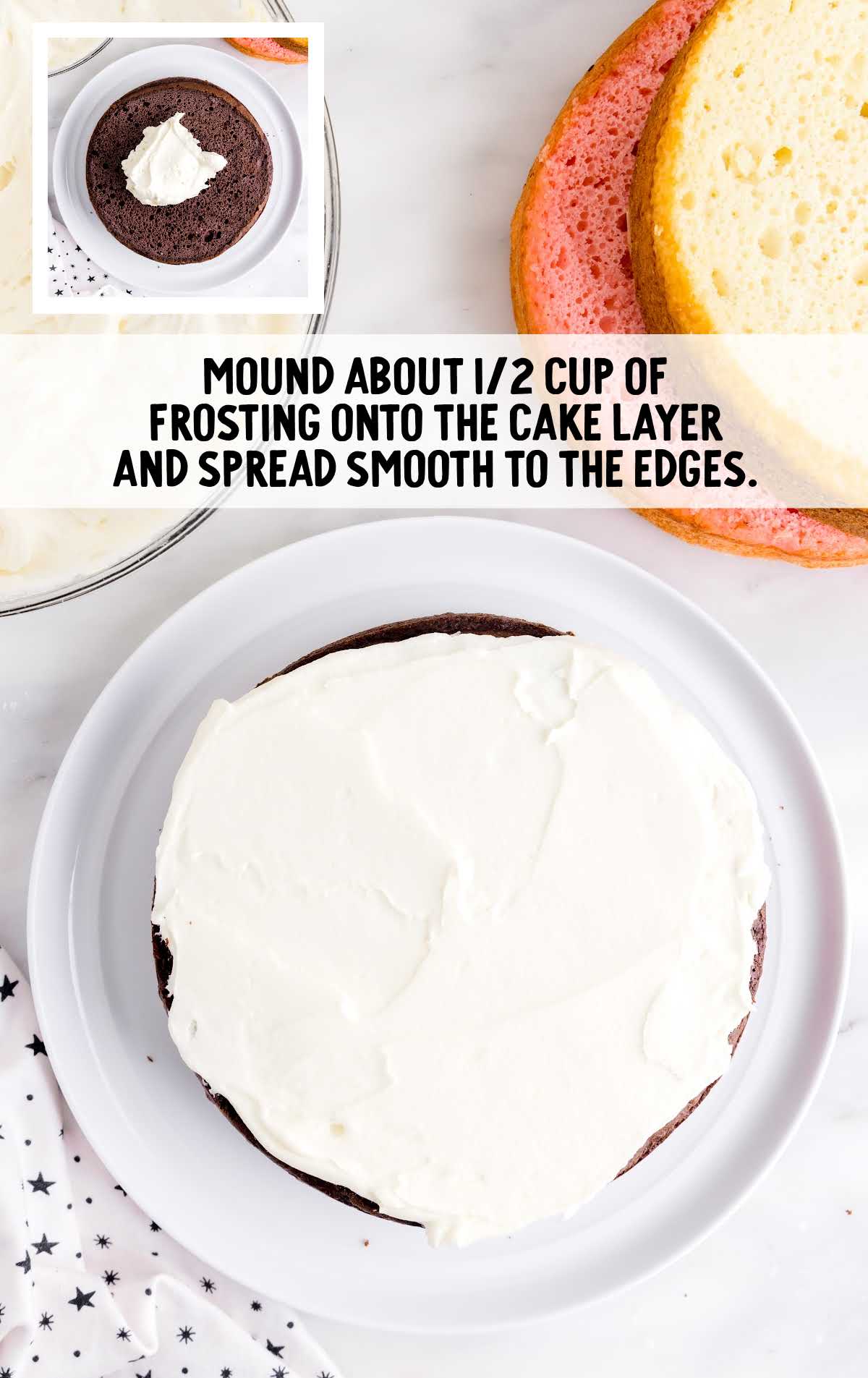 chocolate cake layer topped with frosting