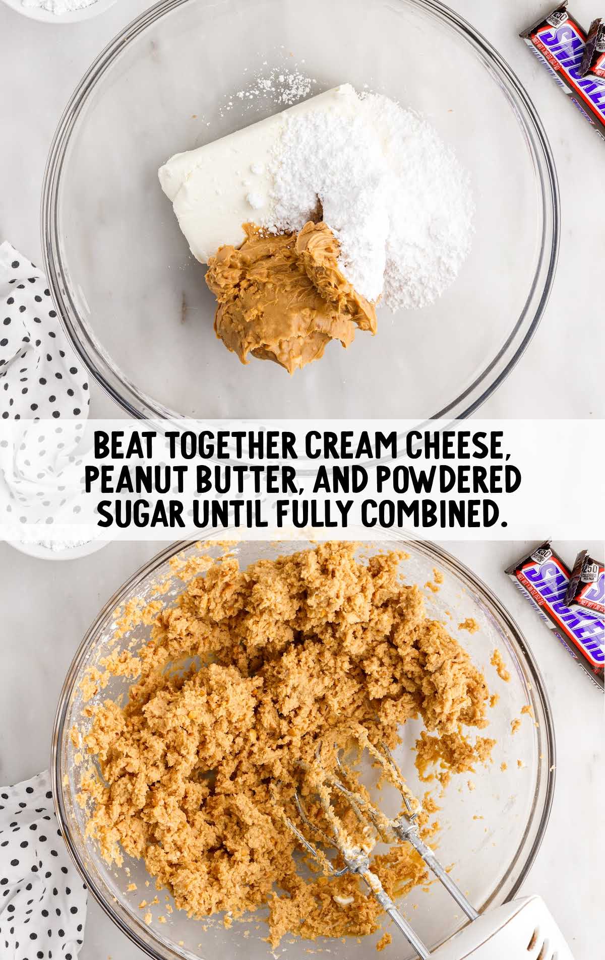 cream cheese, peanut butter, and powdered sugar combined in a bowl