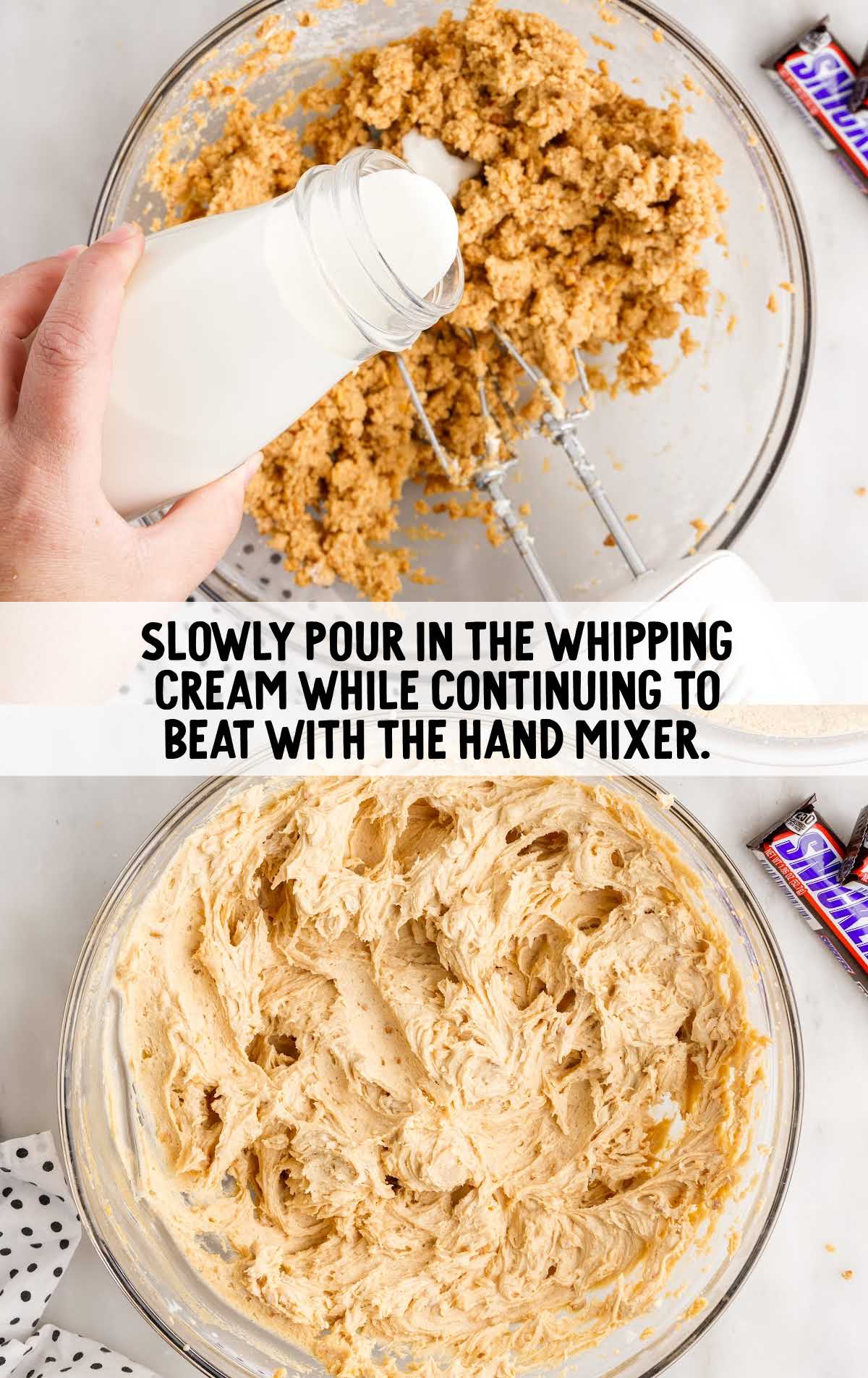whipping cream combined into the peanut butter mixture in a bowl