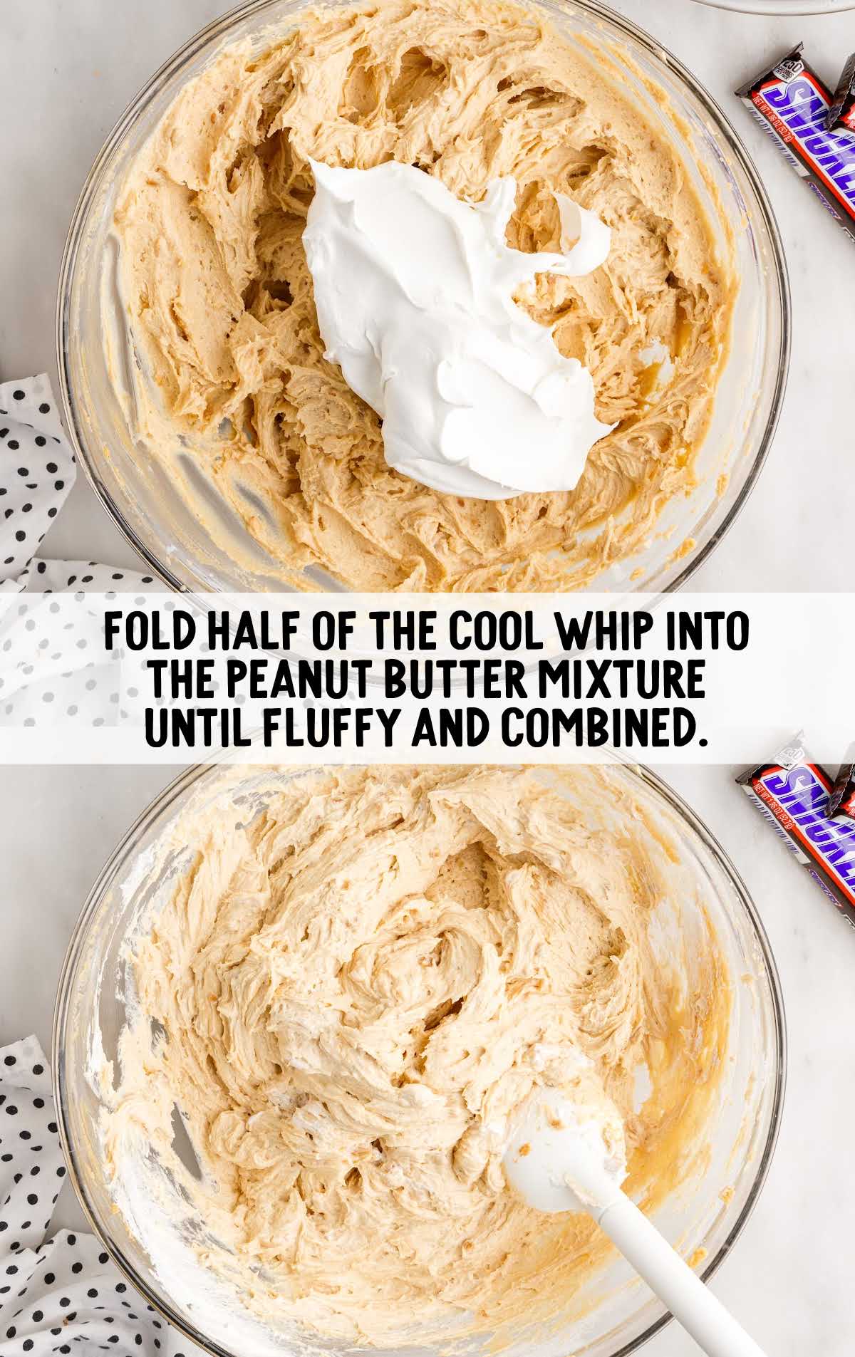 cool whip folded into the peanut butter mixture in a bowl