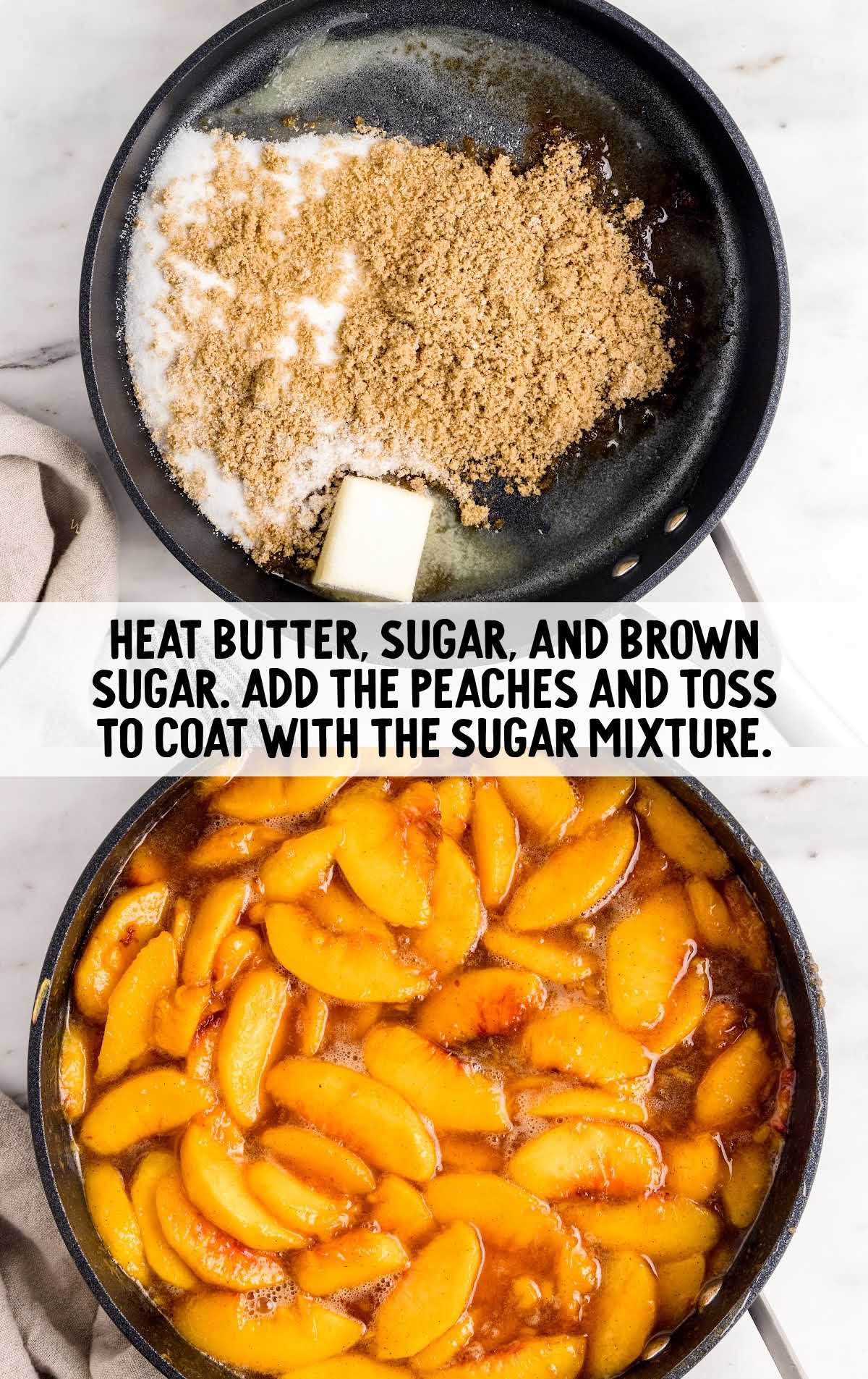 butter, sugars, and peaches added to a skillet