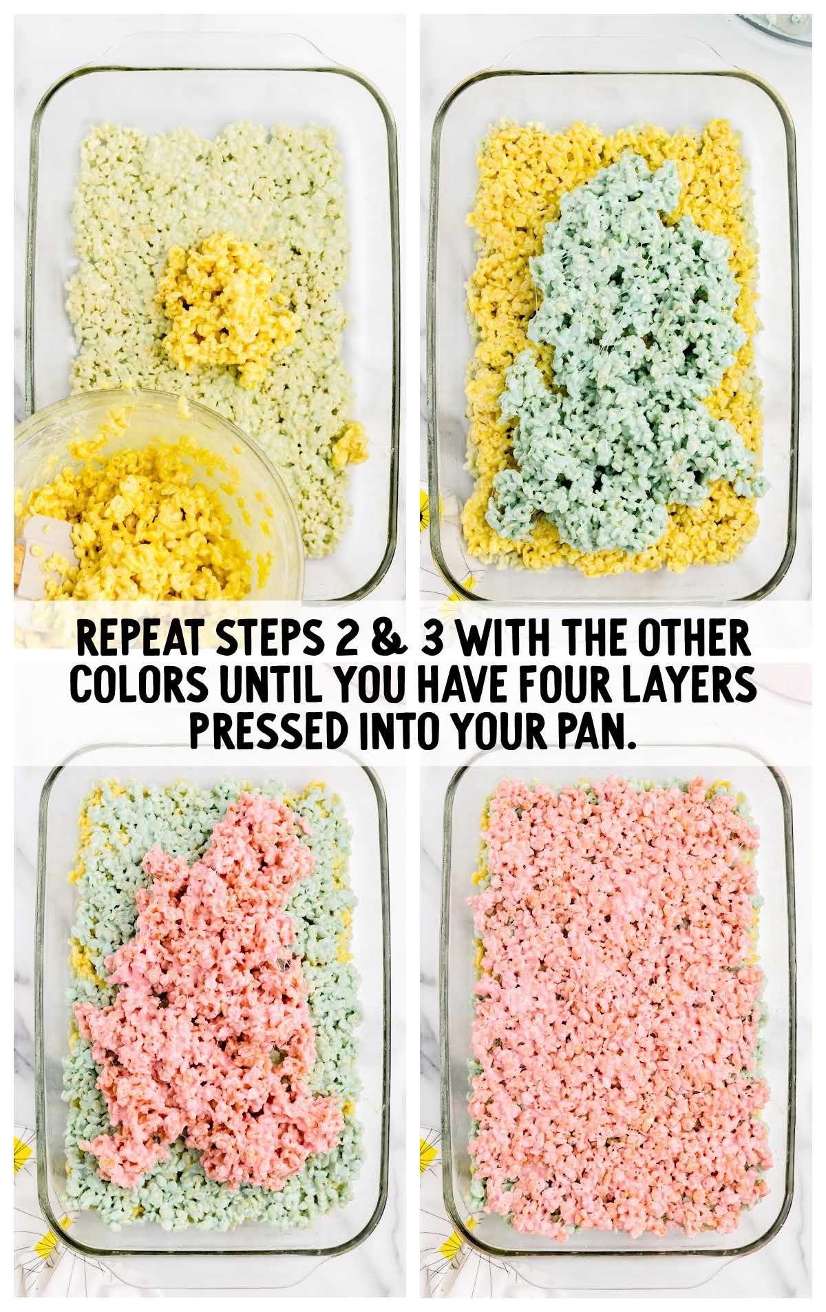 Rice Krispie colors rotated in a baking dish