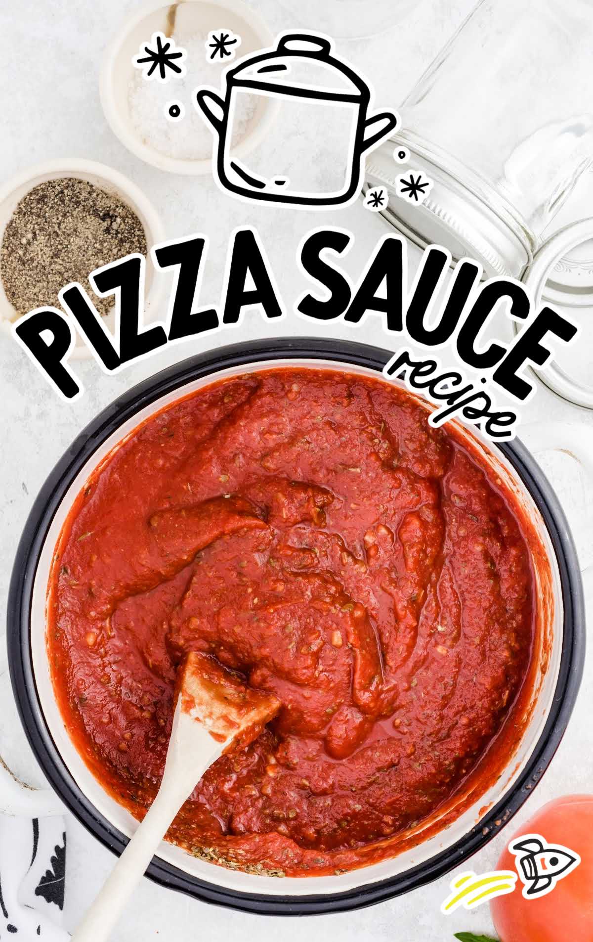 overhead shot of a saucepan of pizza sauce