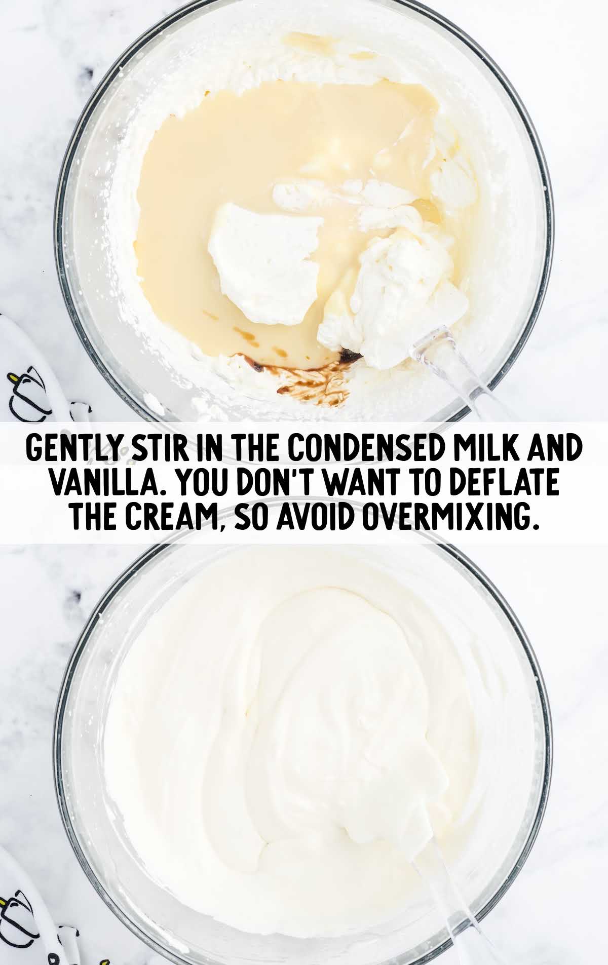 sweetened condensed milk and vanilla added to the whipping cream in a bowl