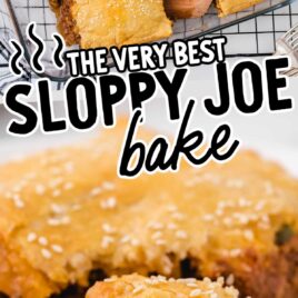 overhead shot of a baking dish of sloppy Joe bake and close up shot of a piece sloppy Joe bake on a plate