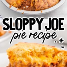 close up shot of a Sloppy Joe Pie with a slice missing and close up shot of a slice of Sloppy Joe Pie on a plate