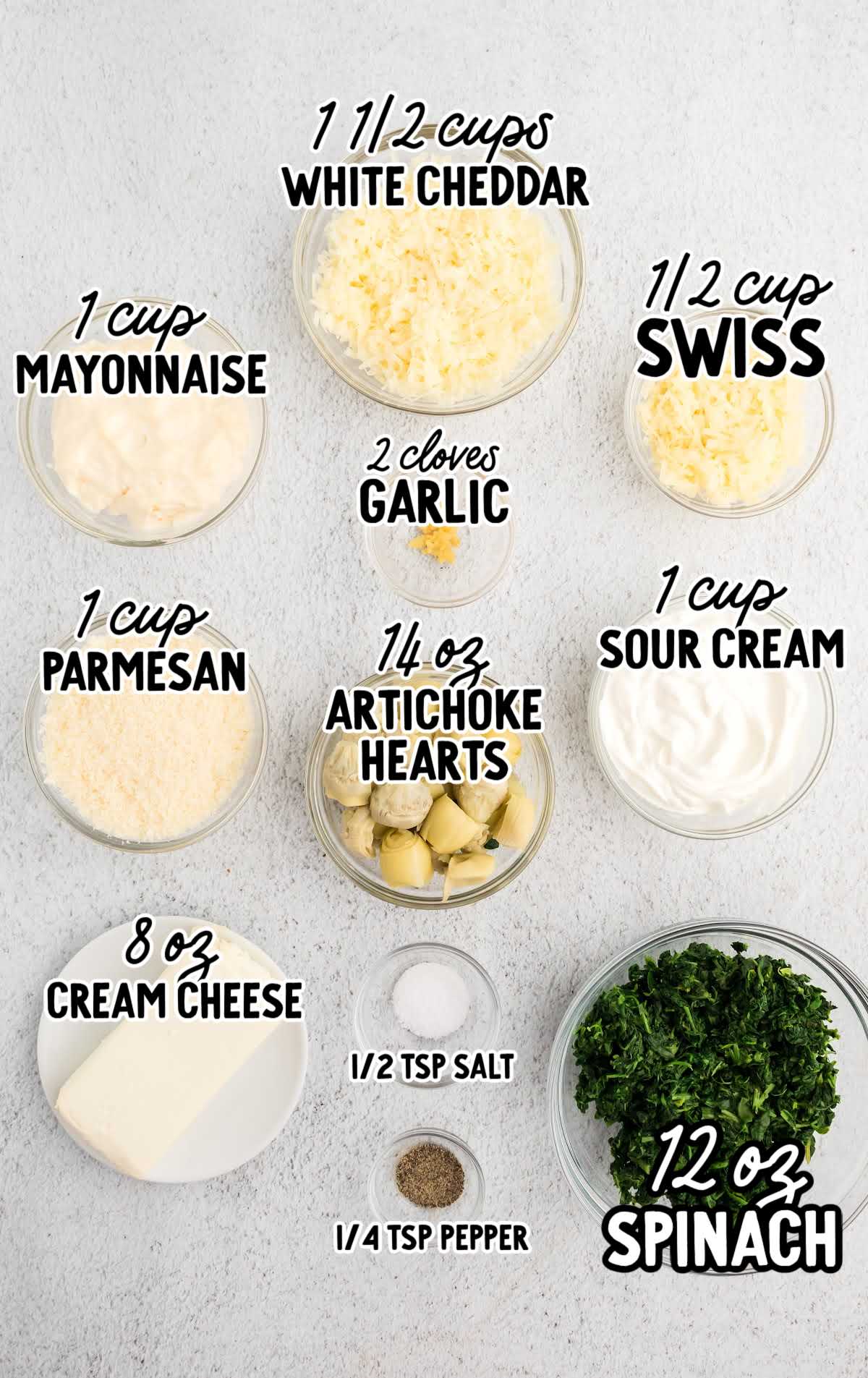 Spinach Artichoke Dip raw ingredients that are labeled
