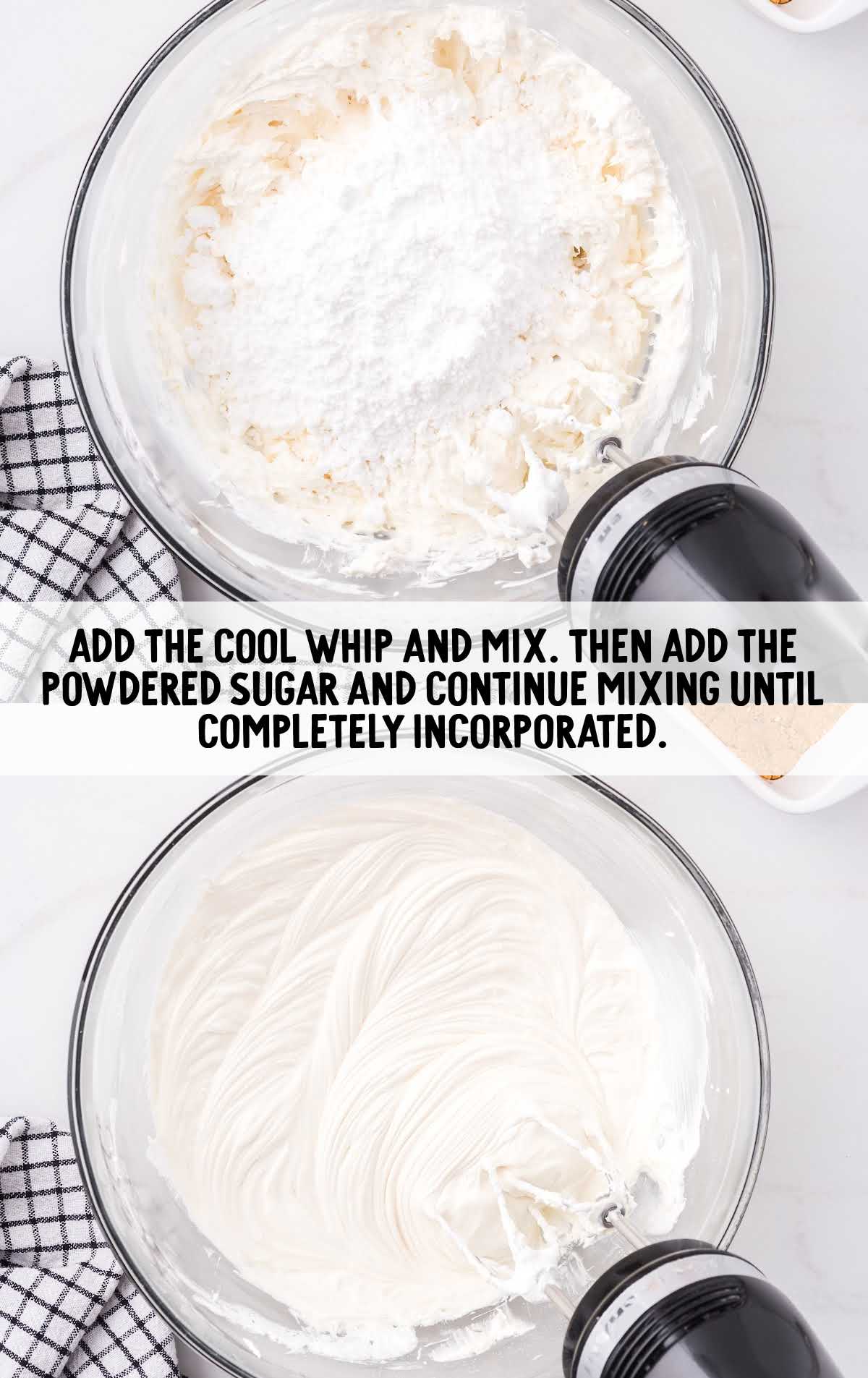 cool whip and powered sugar whisked into the cream cheese mixture