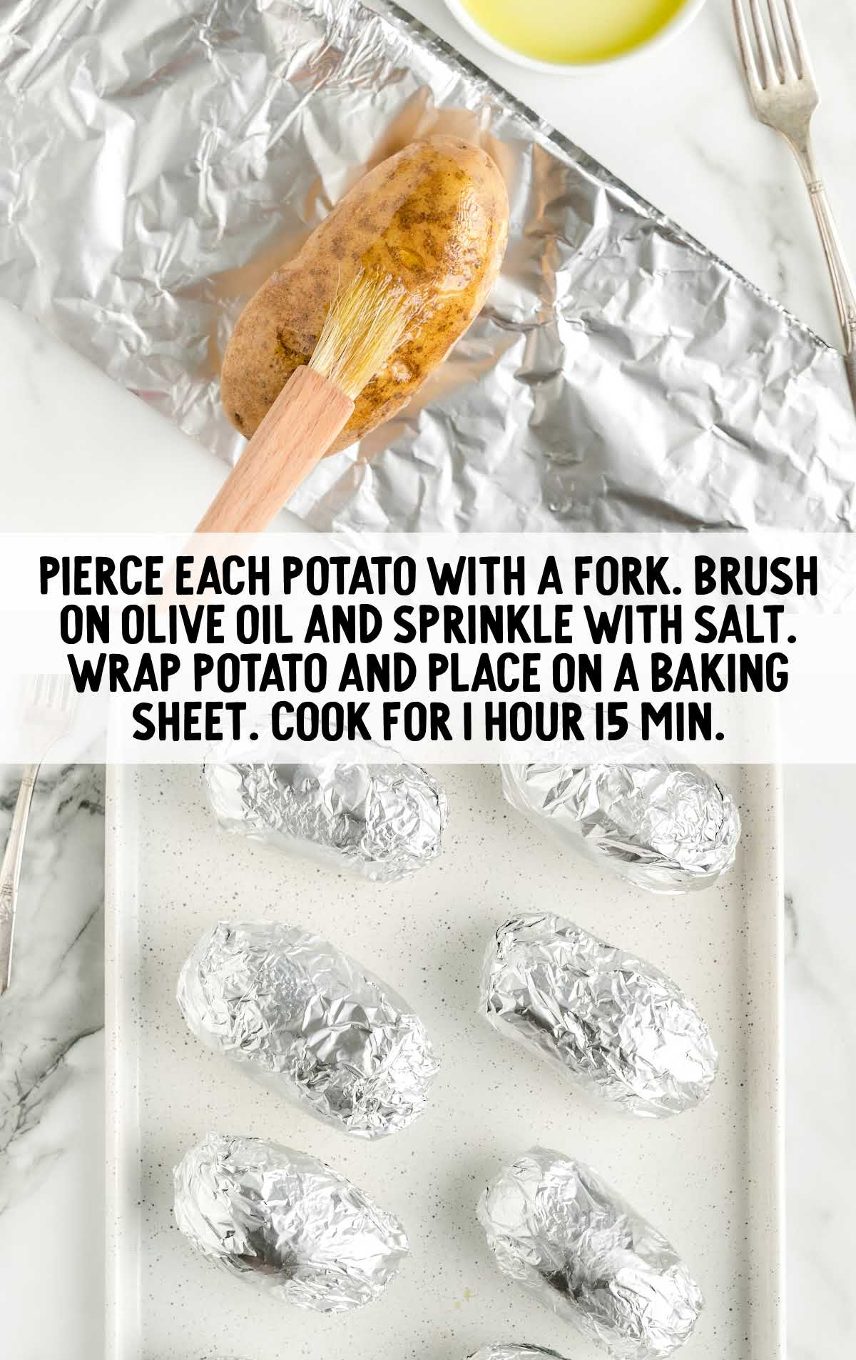 potatoes brushed with olive oil and sprinkled with salt then wrapped in aluminum foil on a baking sheet