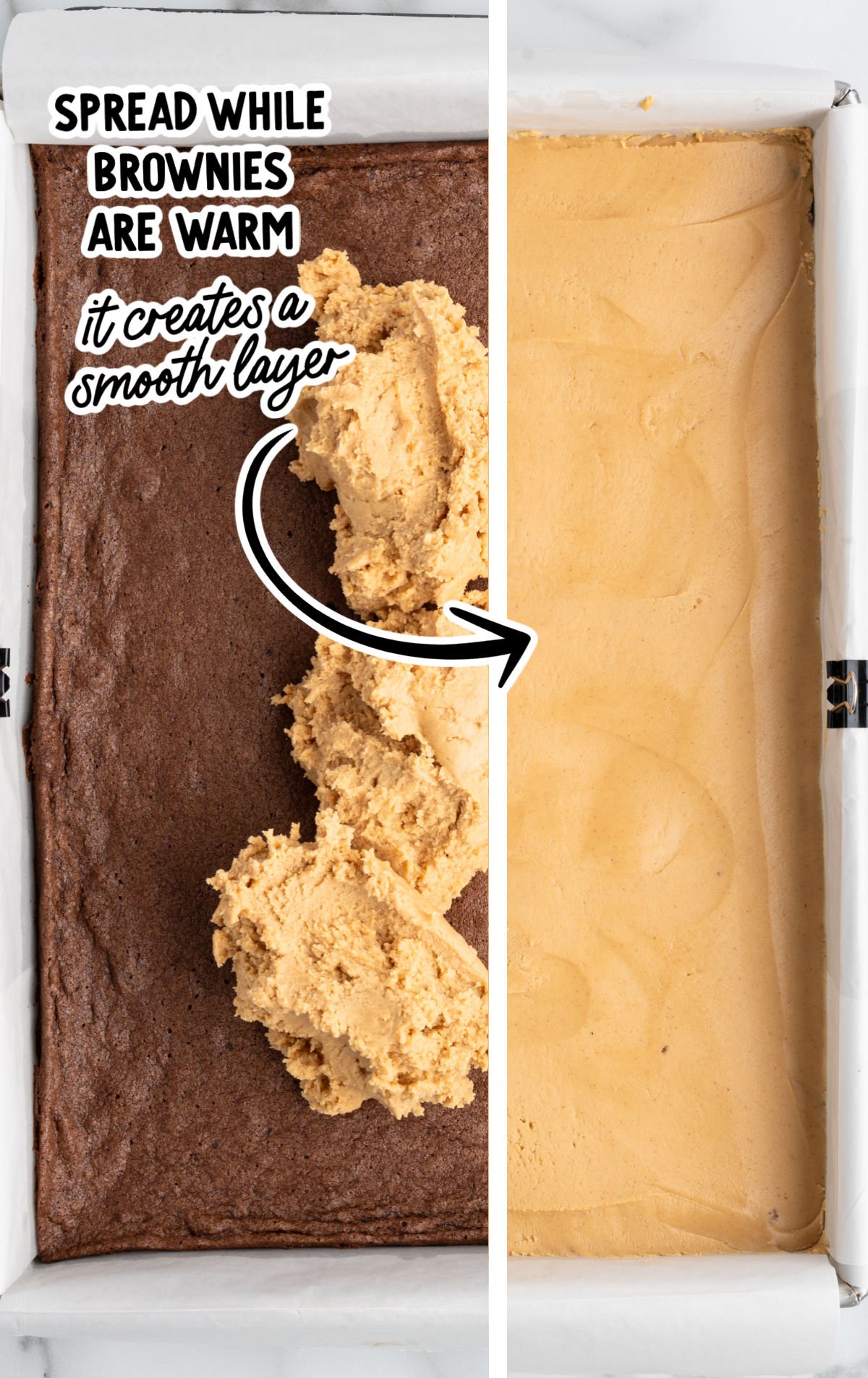 Process photo of Buckeye brownies showing peanut butter layer spread over warm brownies for a smooth, even finish.