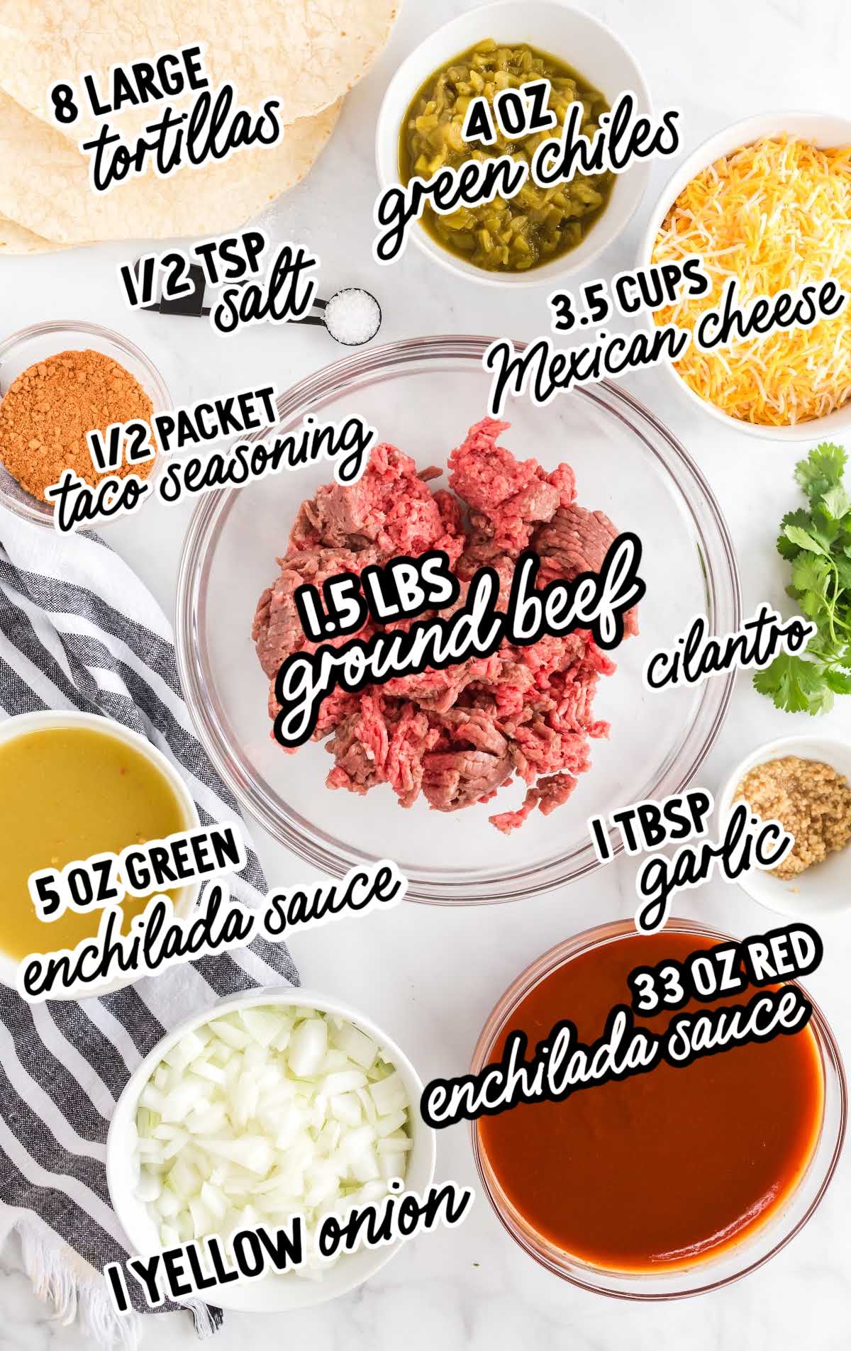 Ground Beef Enchiladas raw ingredients that are labeled