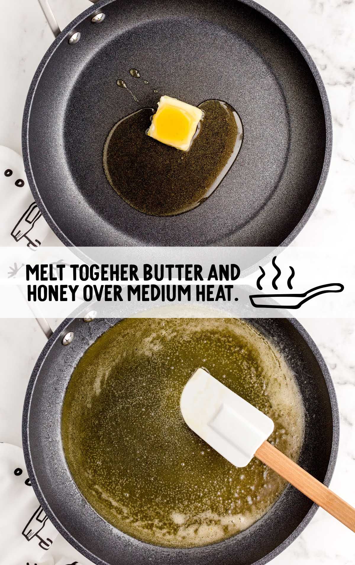 butter and honey being melted and combined in a skillet