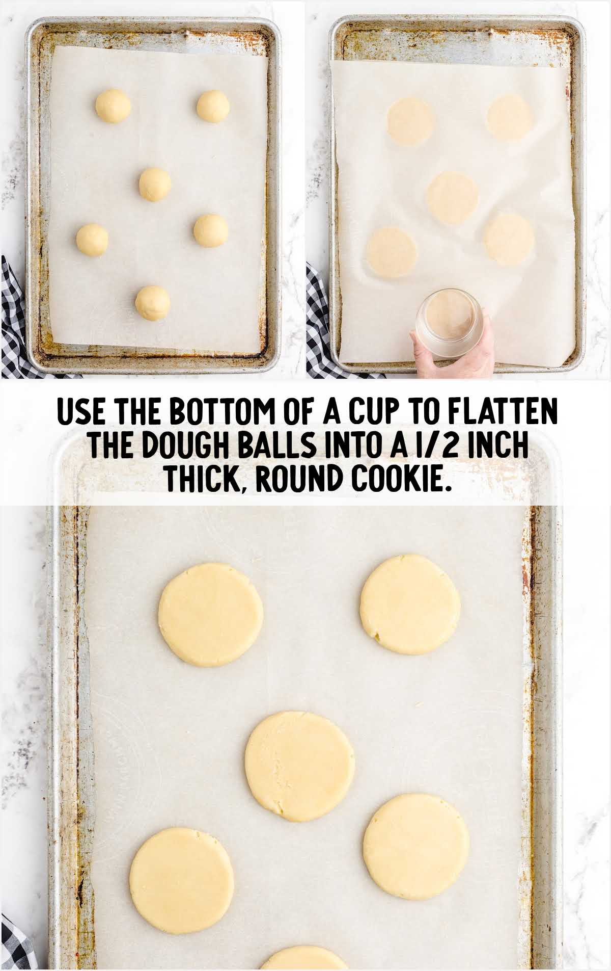 cookie dough balls placed onto a cookie sheet and flattened