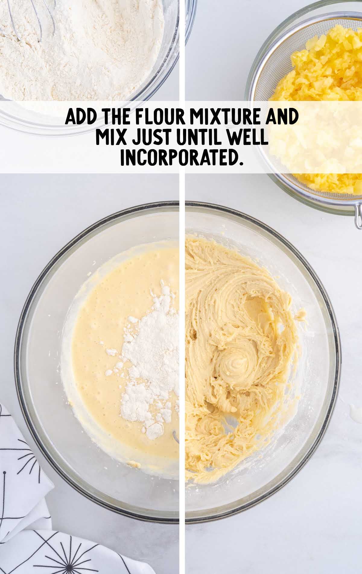 flour mixture added to the cream cheese mixture in a bowl
