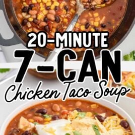 over head shot of 7 Can Chicken Taco Soup in a pot and 7 Can Chicken Taco Soup topped with sour cream and chips in a bowl
