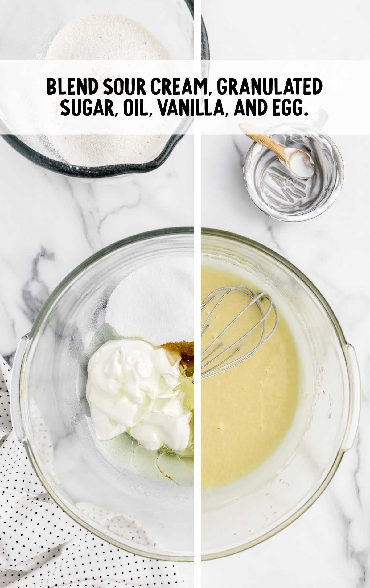 sour cream, sugar, oil, vanilla, and egg whisked together in a bowl