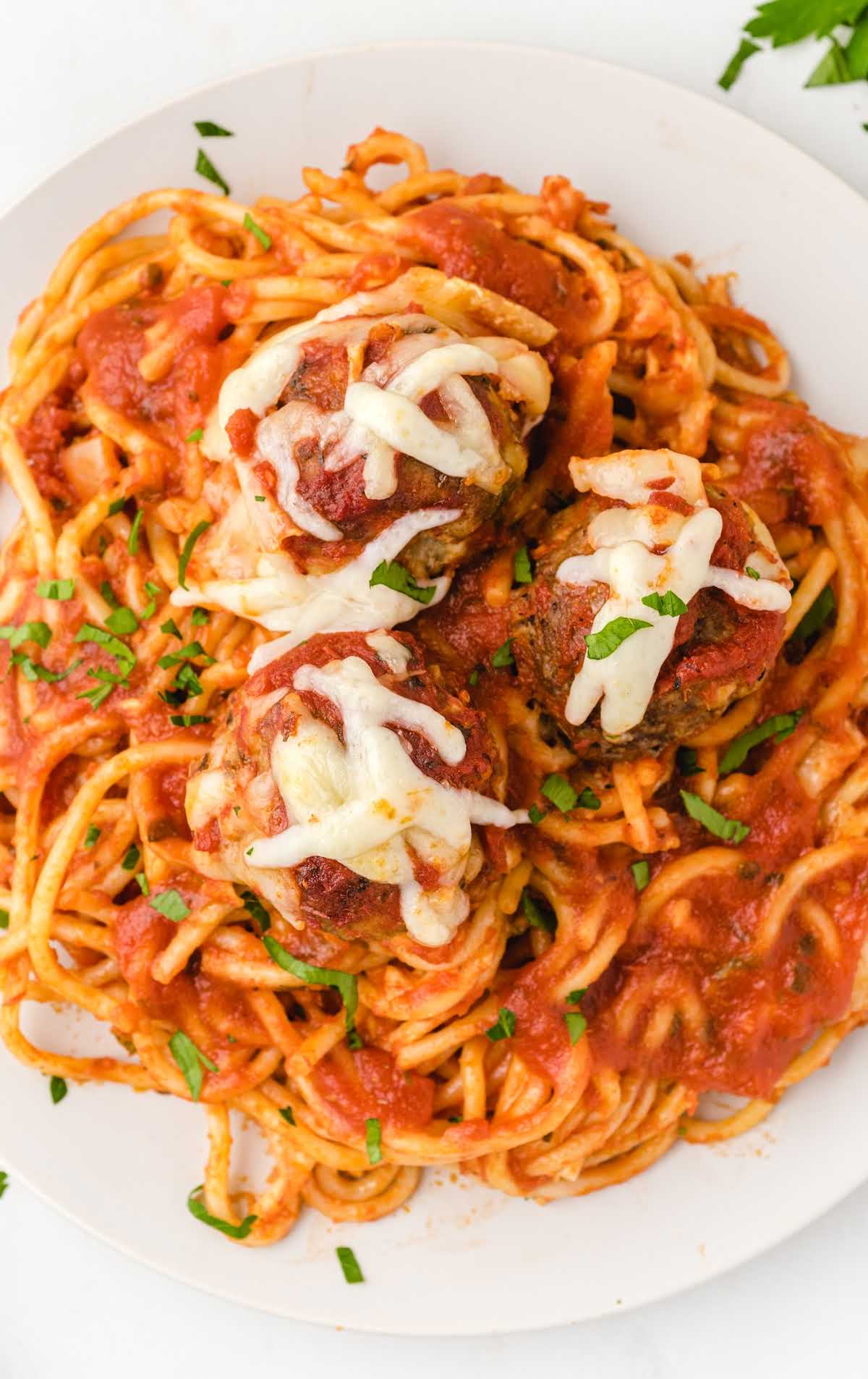 overhead shot of Baked Spaghetti and Meatballs in a plate