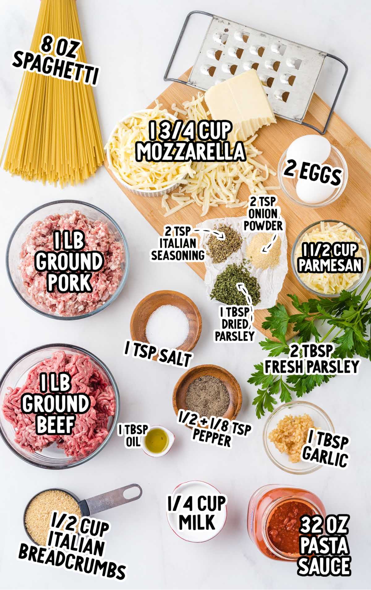 Baked Spaghetti and Meatballs raw ingredients that are labeled