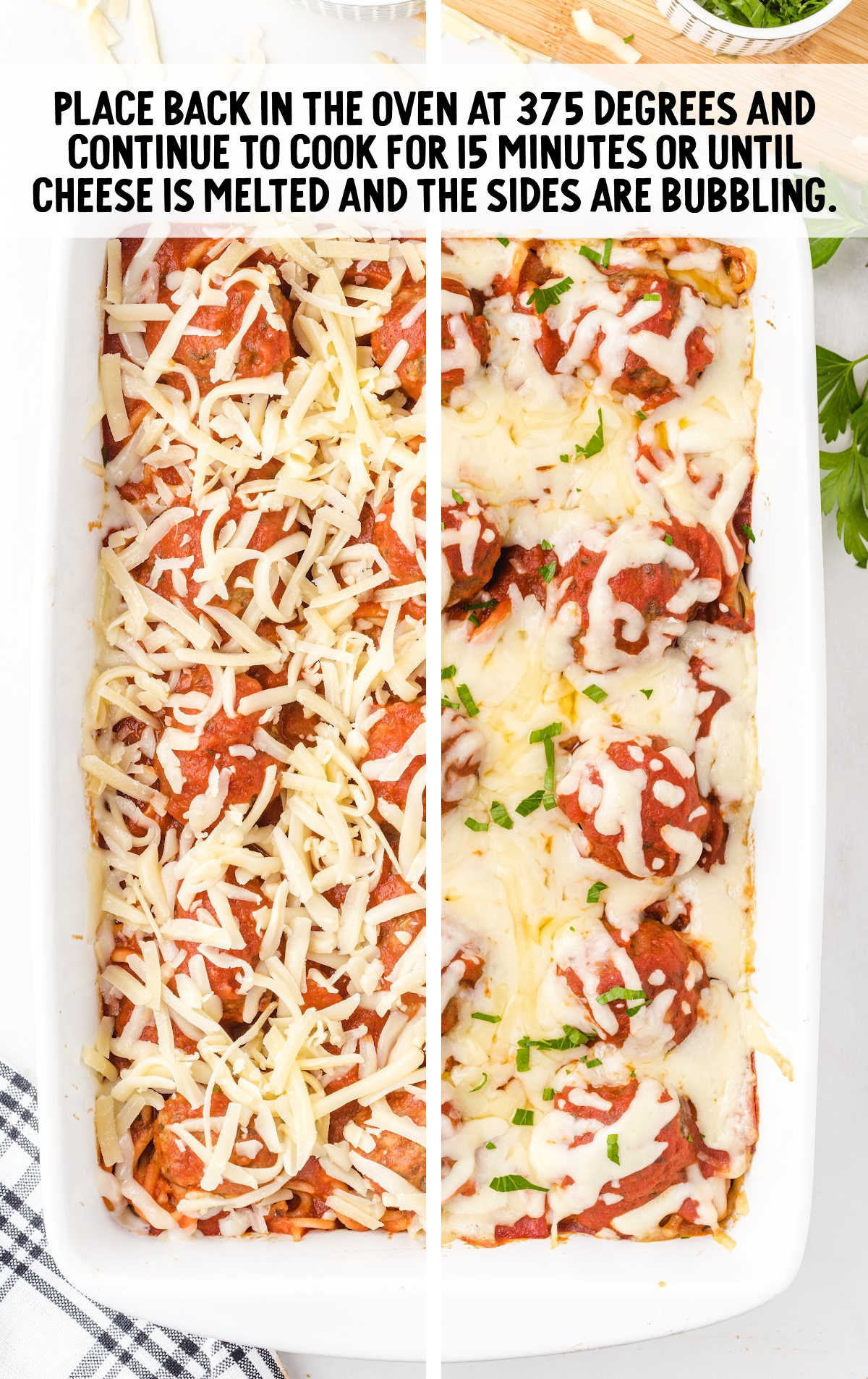 Baked Spaghetti and Meatballs in a baking dish and then baked