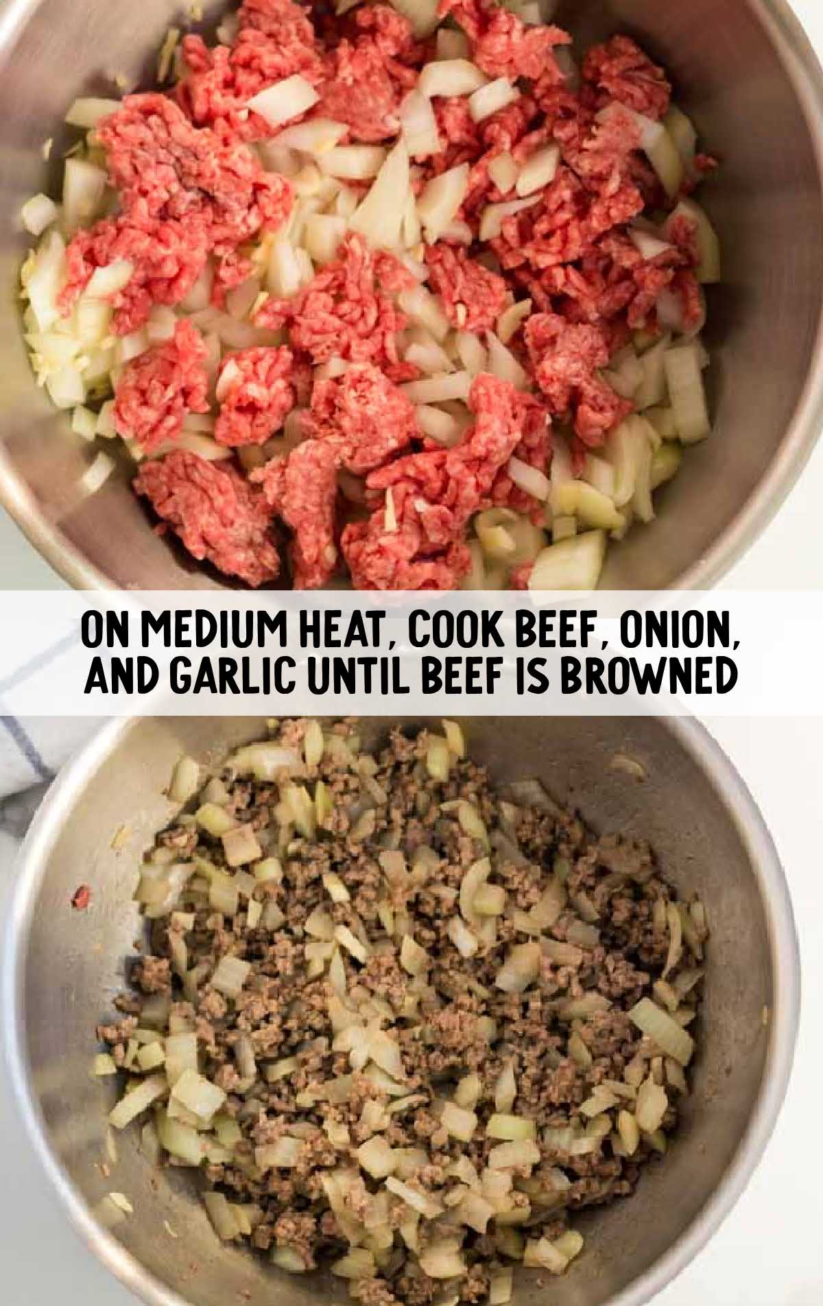 ground beef, onion, and garlic being cooked in a skillet