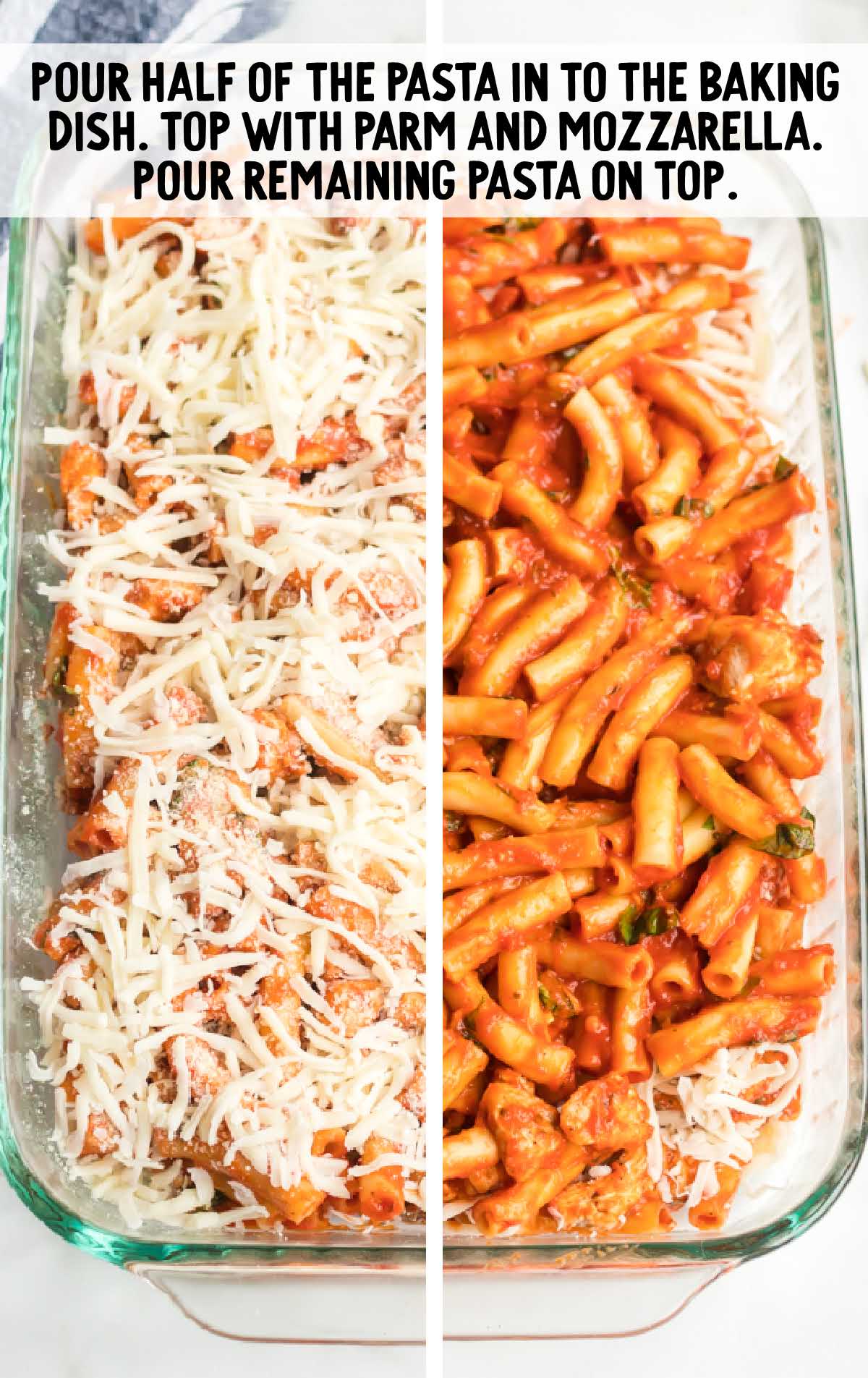 pasta mixture and cheeses added to a baking dish