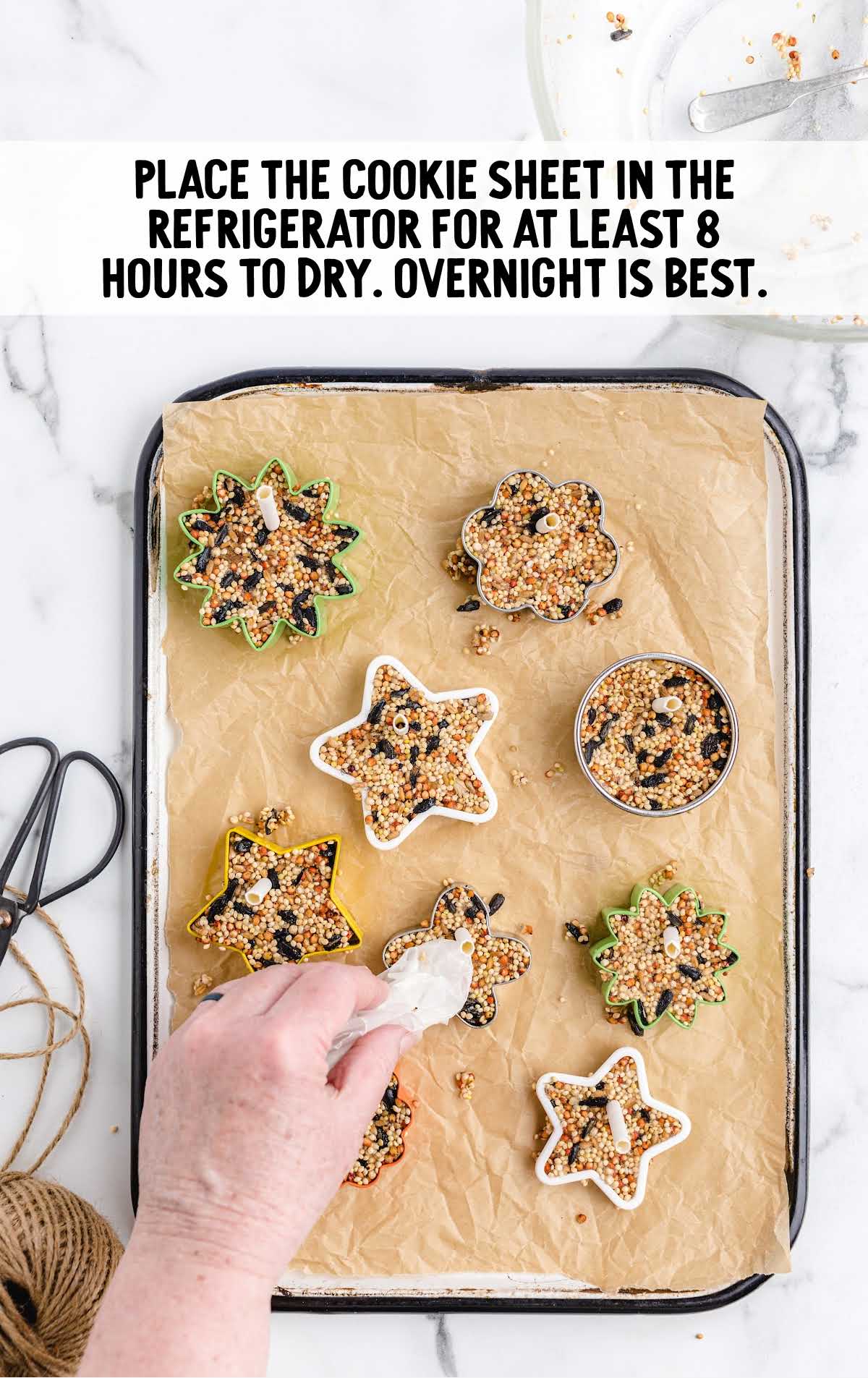 Birdseed Ornaments on cookie sheet