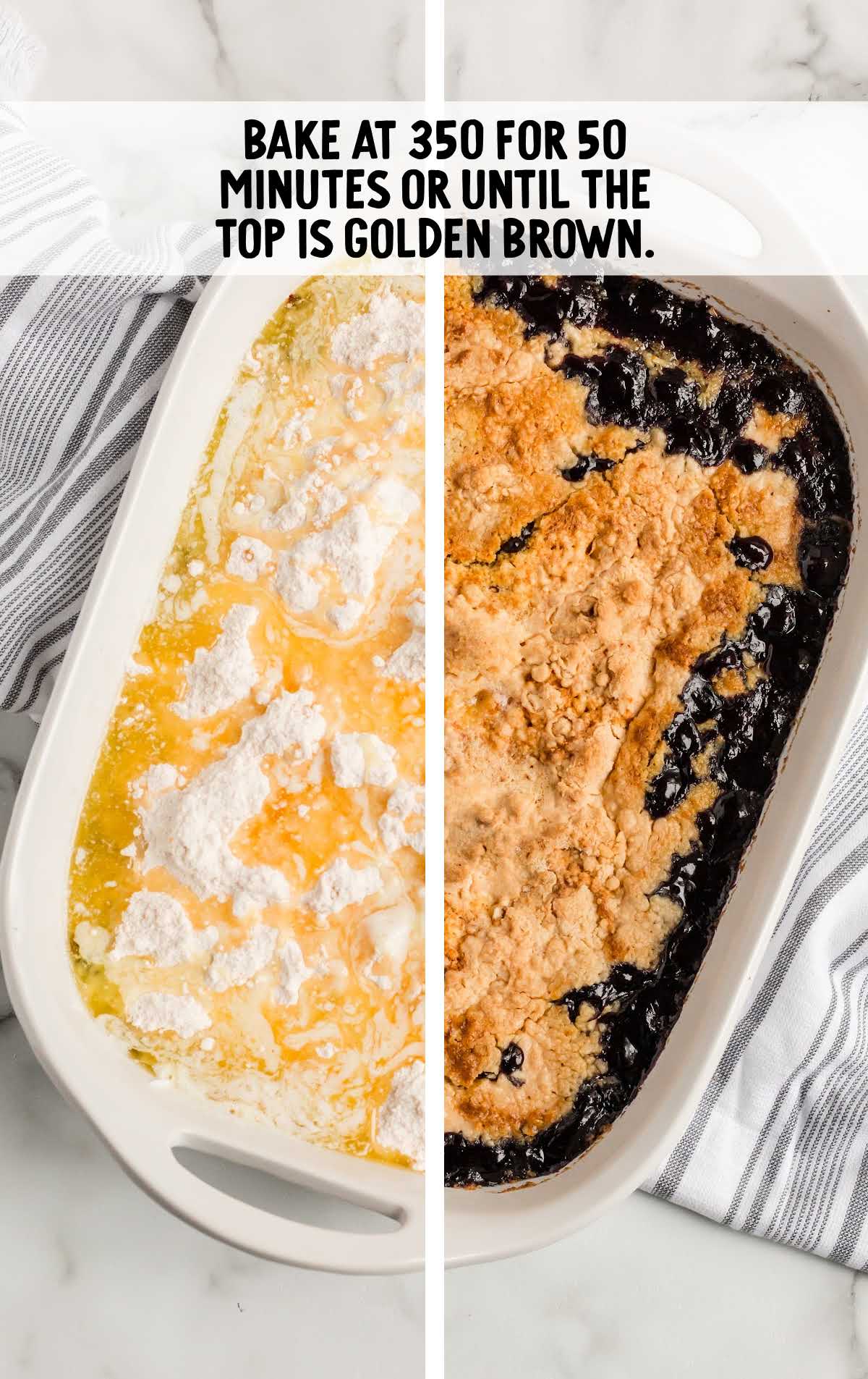 Blueberry Dump Cake after being baked in a baking dish