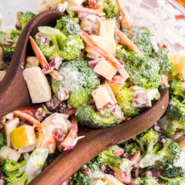 close up shot of a serving bowl of Broccoli Apple Salad