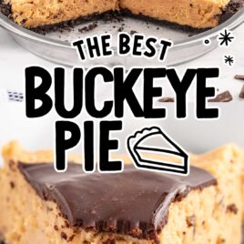 close up shot of a dish of Buckeye Pie with slices missing and close up shot of a slice of Buckeye Pie on a plate
