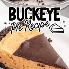 close up shot of a dish of Buckeye Pie with slices missing and close up shot of a slice of Buckeye Pie on a plate