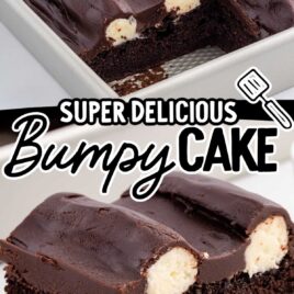 close up shot of Bumpy Cake on a baking dish with a piece missing and a piece of Bumpy Cake on a plate