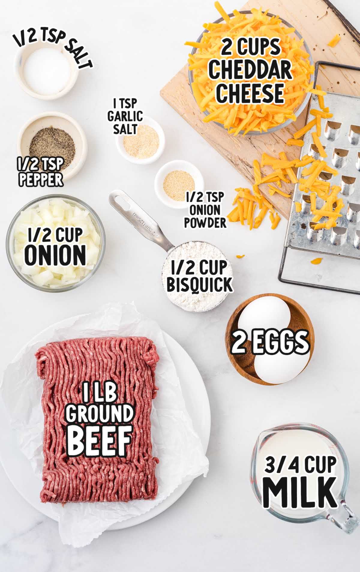 Cheeseburger Pie raw ingredients that are labeled