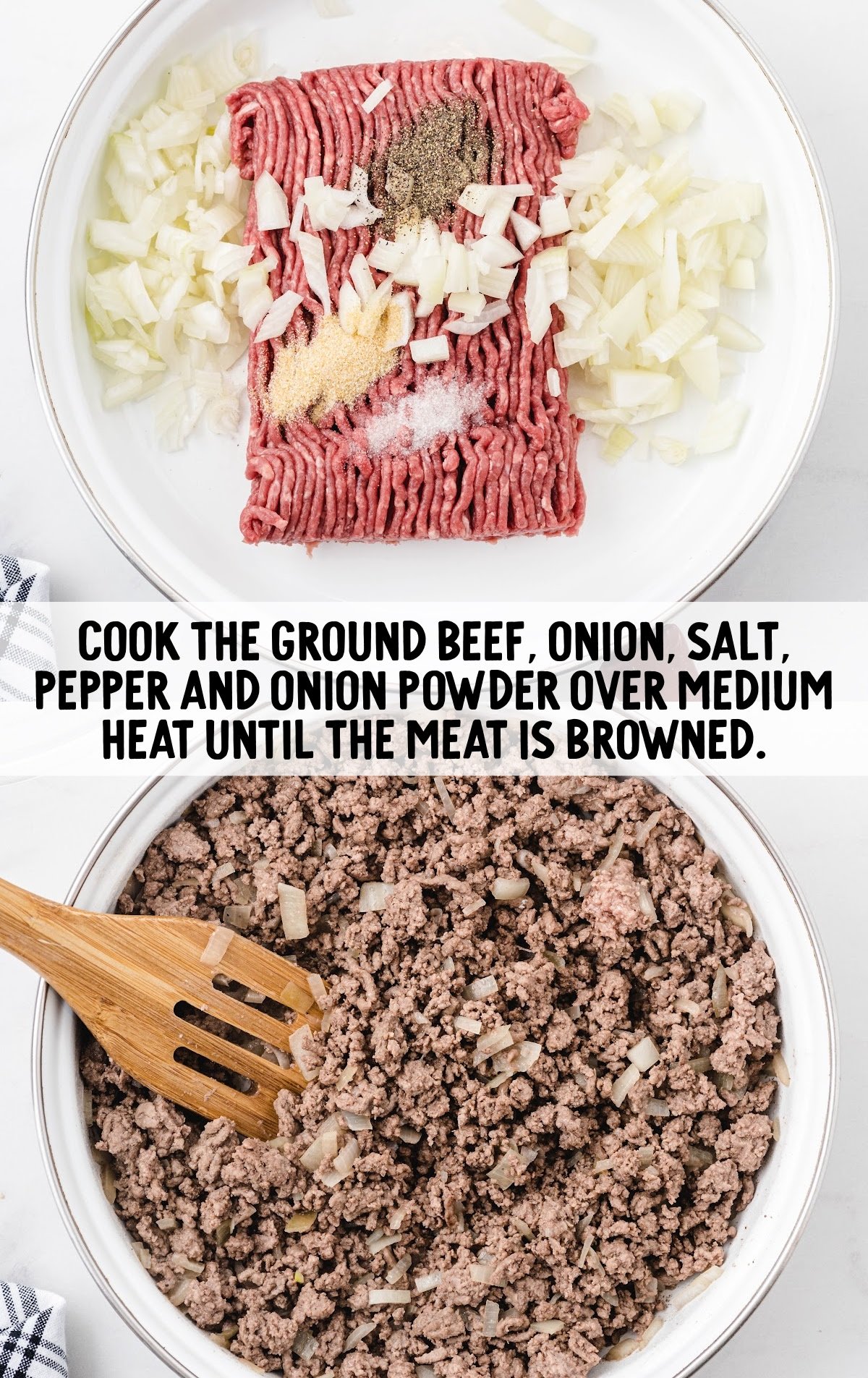 ground beef, onions, and seasonings being cooked in a skillet