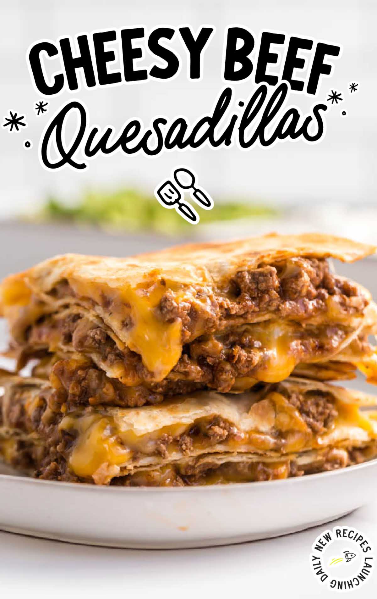 close up shot of a plate of Cheesy Beef Quesadillas