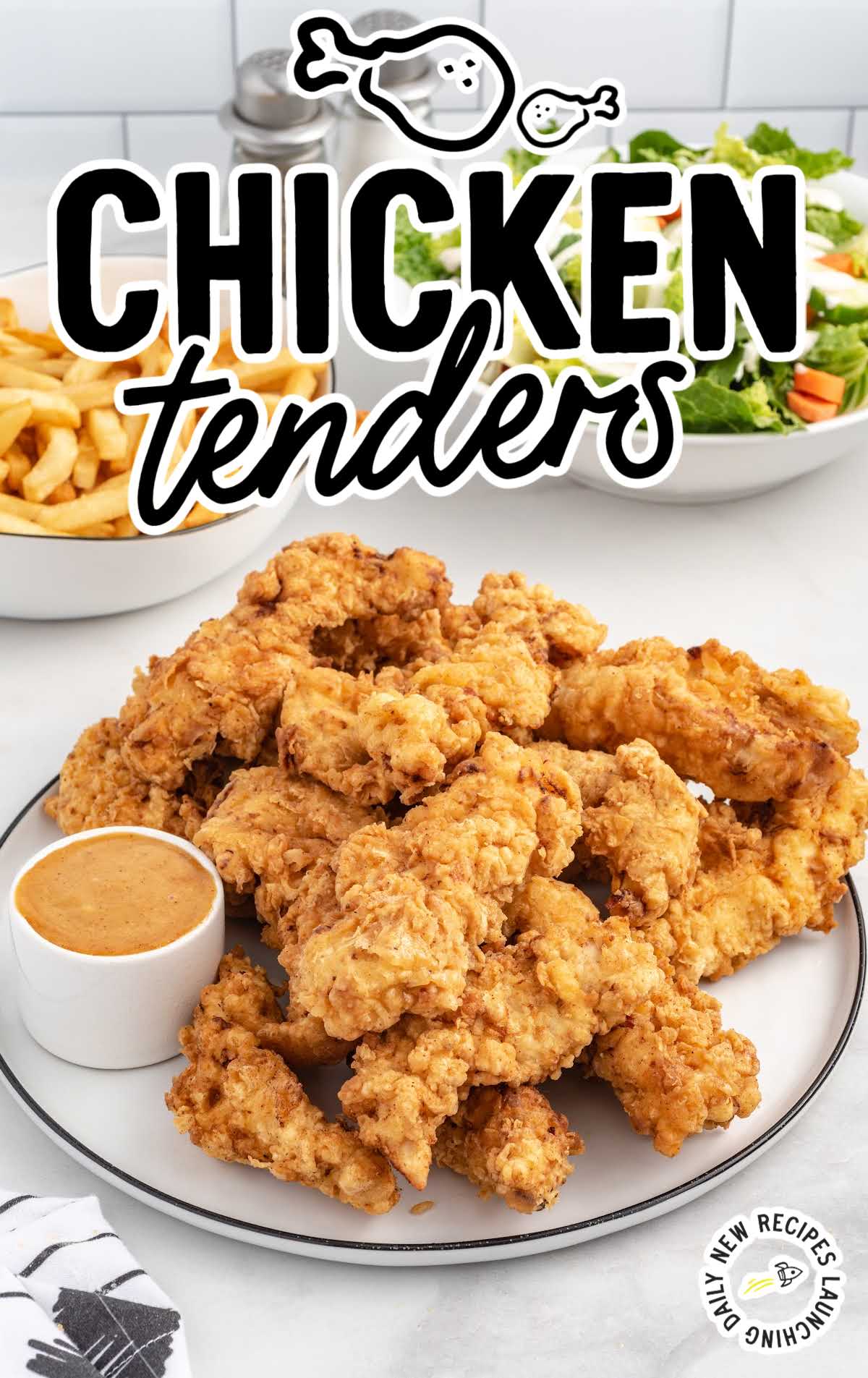 A bunch of Chicken Tenders on a plate with sauce