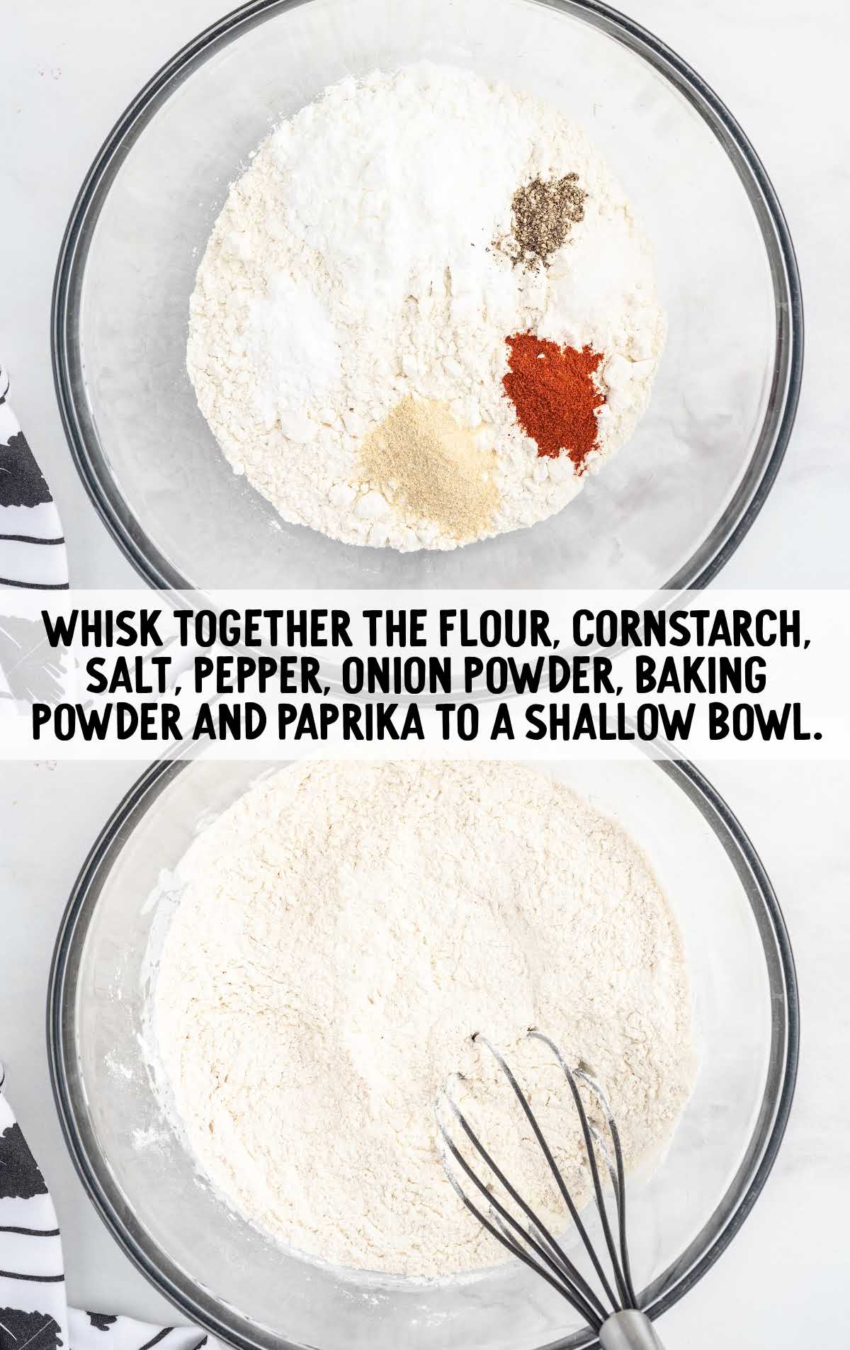 flour, cornstarch, salt, pepper, onion powder, baking powder and paprika whisked in a bowl
